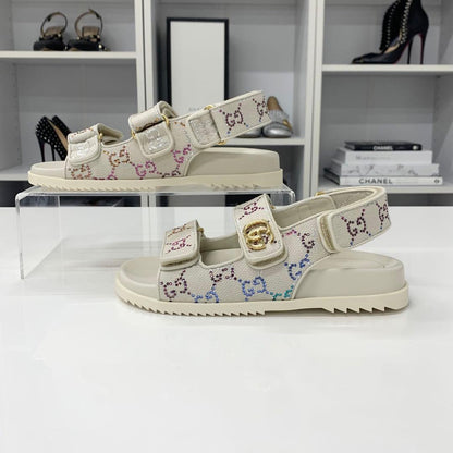 Gucci Double Rhinestone Fabric Leather Flat Sandals — view 3