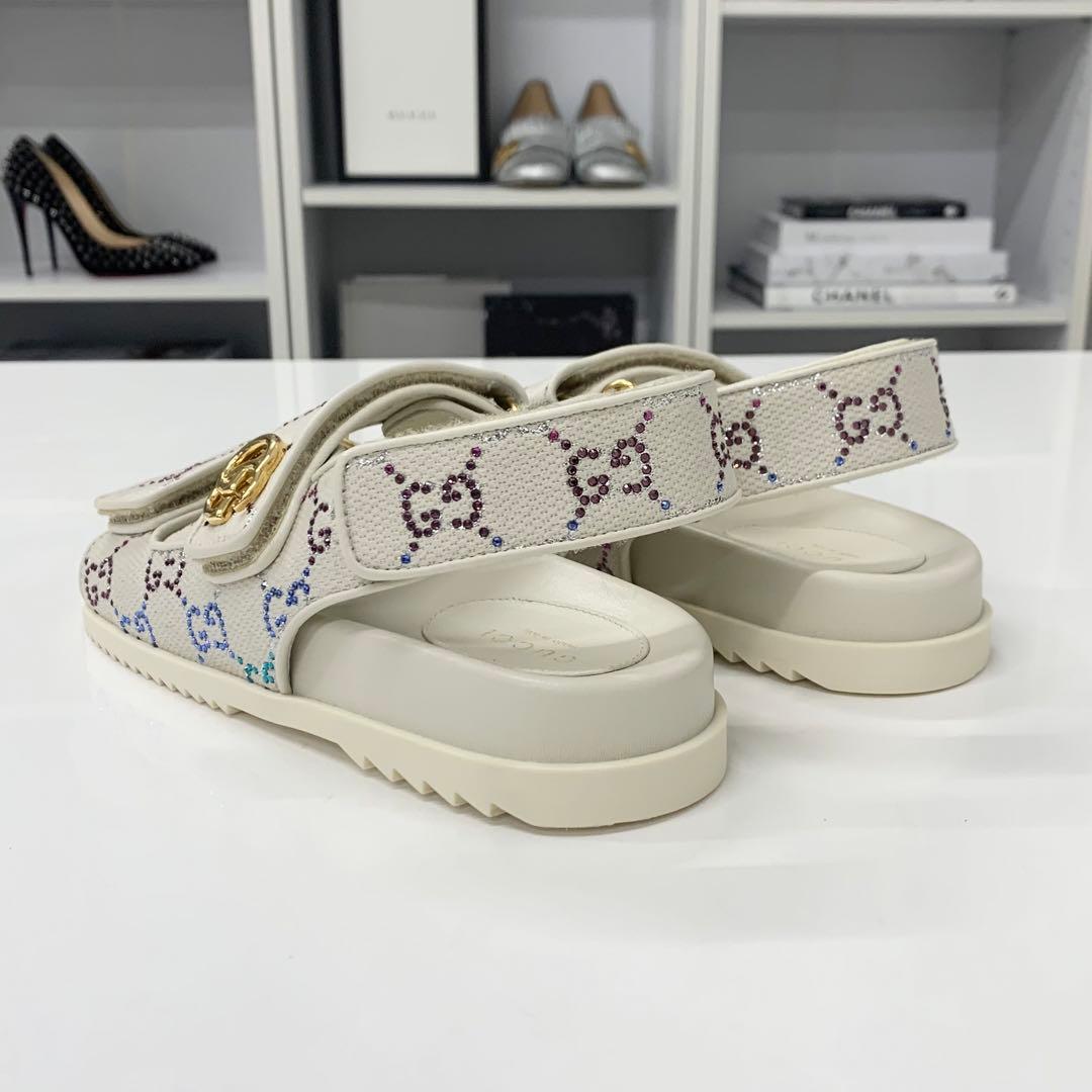 Gucci Double Rhinestone Fabric Leather Flat Sandals — view 4