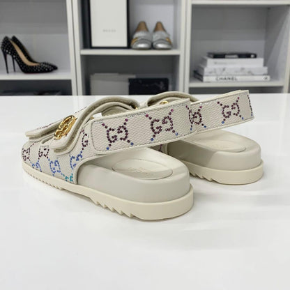 Gucci Double Rhinestone Fabric Leather Flat Sandals — view 4