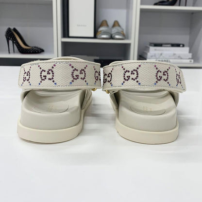 Gucci Double Rhinestone Fabric Leather Flat Sandals — view 5