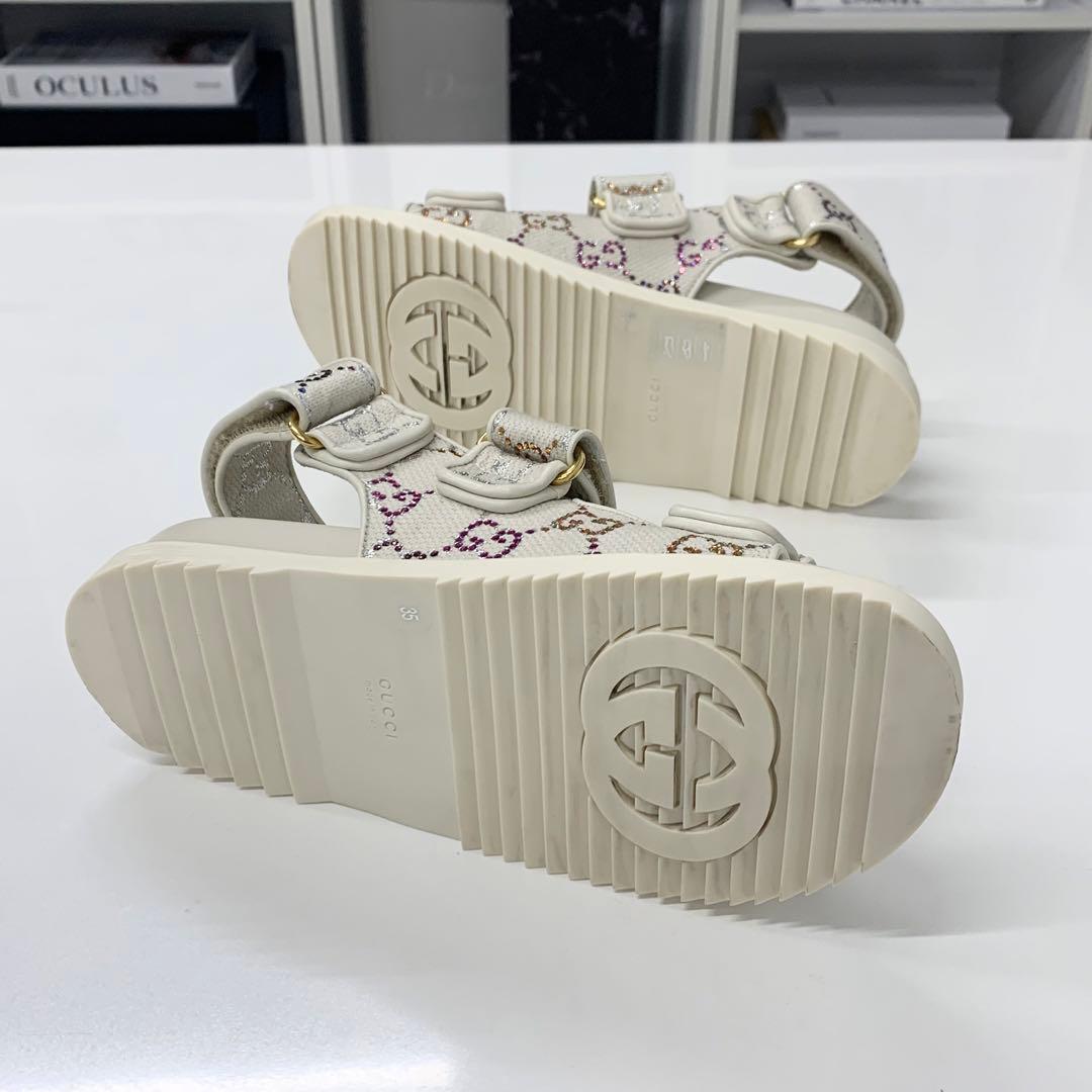 Gucci Double Rhinestone Fabric Leather Flat Sandals — view 6