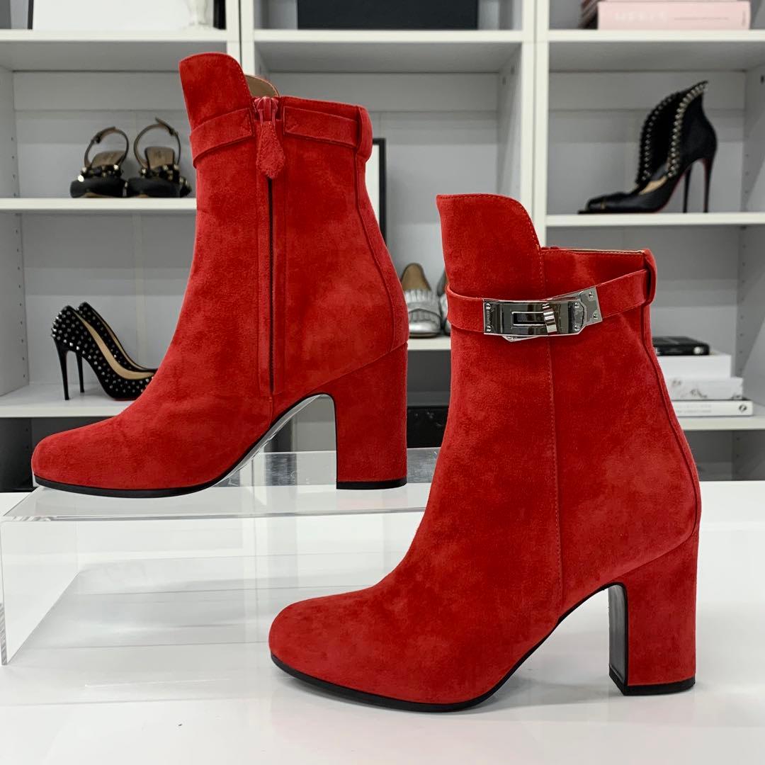 Hermes Jews Kelly Hardware Suede Short Boots Red
