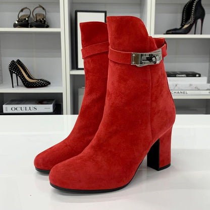 Hermes Jews Kelly Hardware Suede Short Boots Red