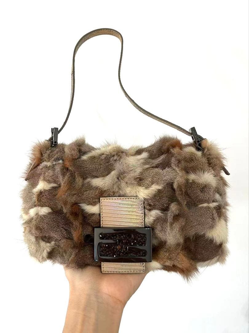 Fendi Mamma Baguette Rabbit Fur Shoulder Bag — view 2