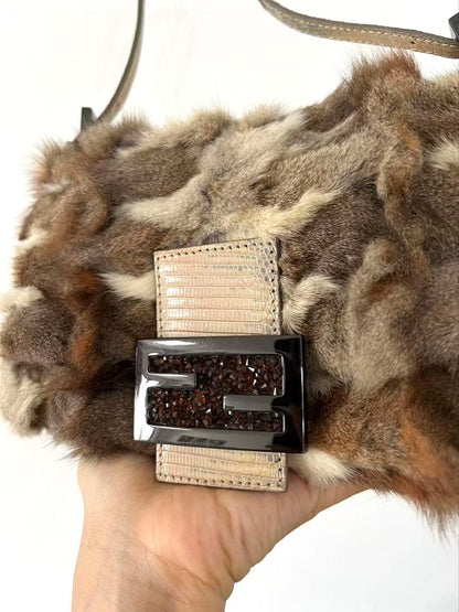 Fendi Mamma Baguette Rabbit Fur Shoulder Bag — view 3