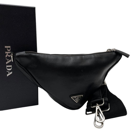 Prada Leather Triangle Plate Logo Shoulder Bag Pouch Black