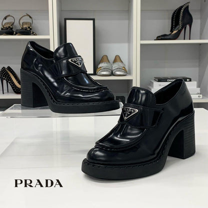 Prada Chocolate Triangle Logo Leather Heels Loafers Black