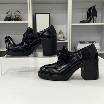 Prada Chocolate Triangle Logo Leather Heels Loafers Black — view 2