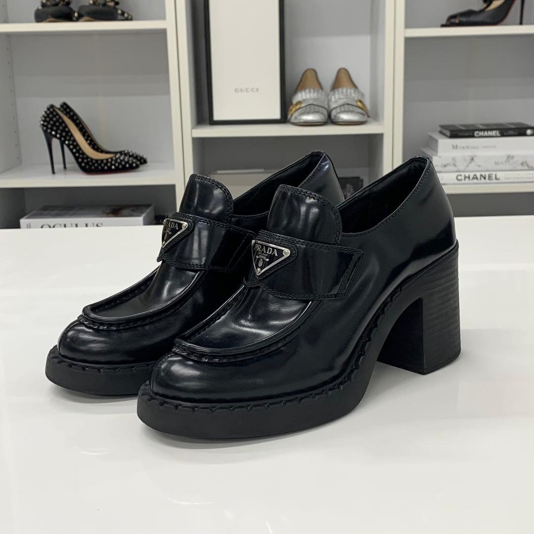 Prada Chocolate Triangle Logo Leather Heels Loafers Black — view 3