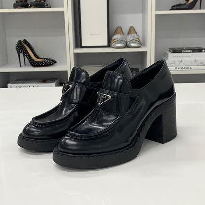Prada Chocolate Triangle Logo Leather Heels Loafers Black — view 3