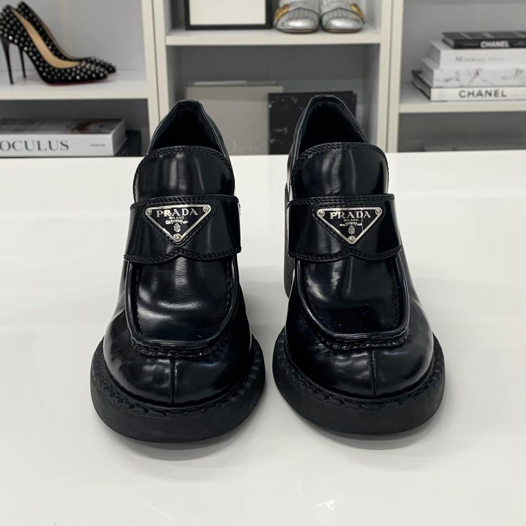 Prada Chocolate Triangle Logo Leather Heels Loafers Black — view 4
