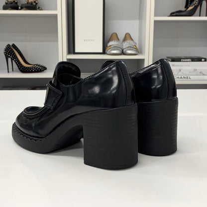 Prada Chocolate Triangle Logo Leather Heels Loafers Black — view 5