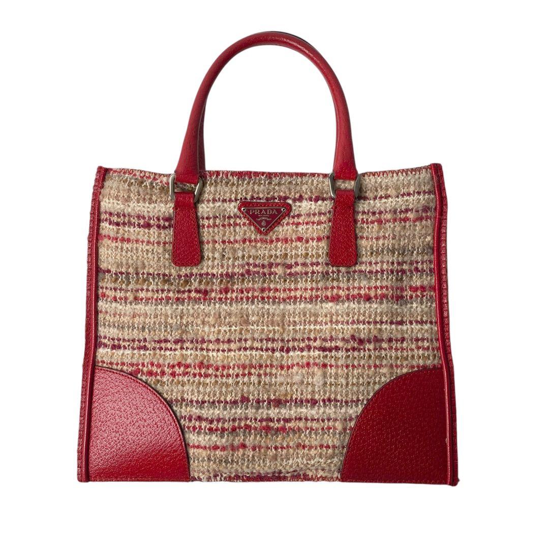 Prada Tweed Leather Handbag Triangle Logo Plate