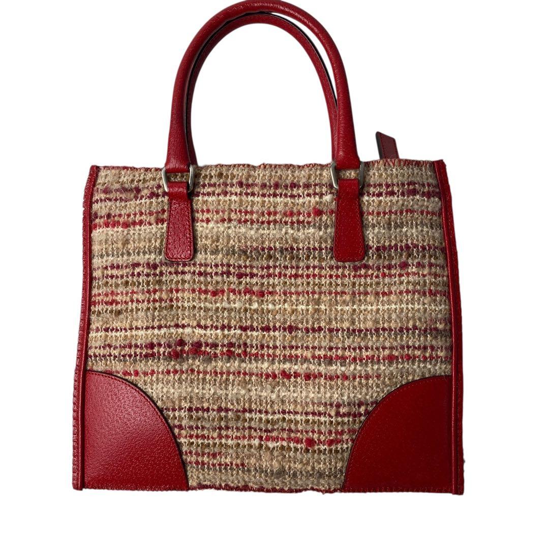 Prada Tweed Leather Handbag Triangle Logo Plate