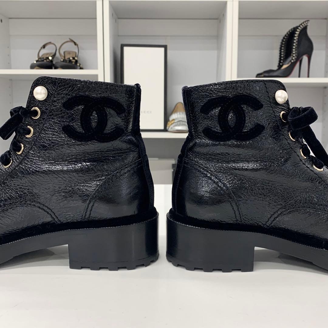 Chanel Cocomark Leather Velor Pearl Lace-up Short Boots