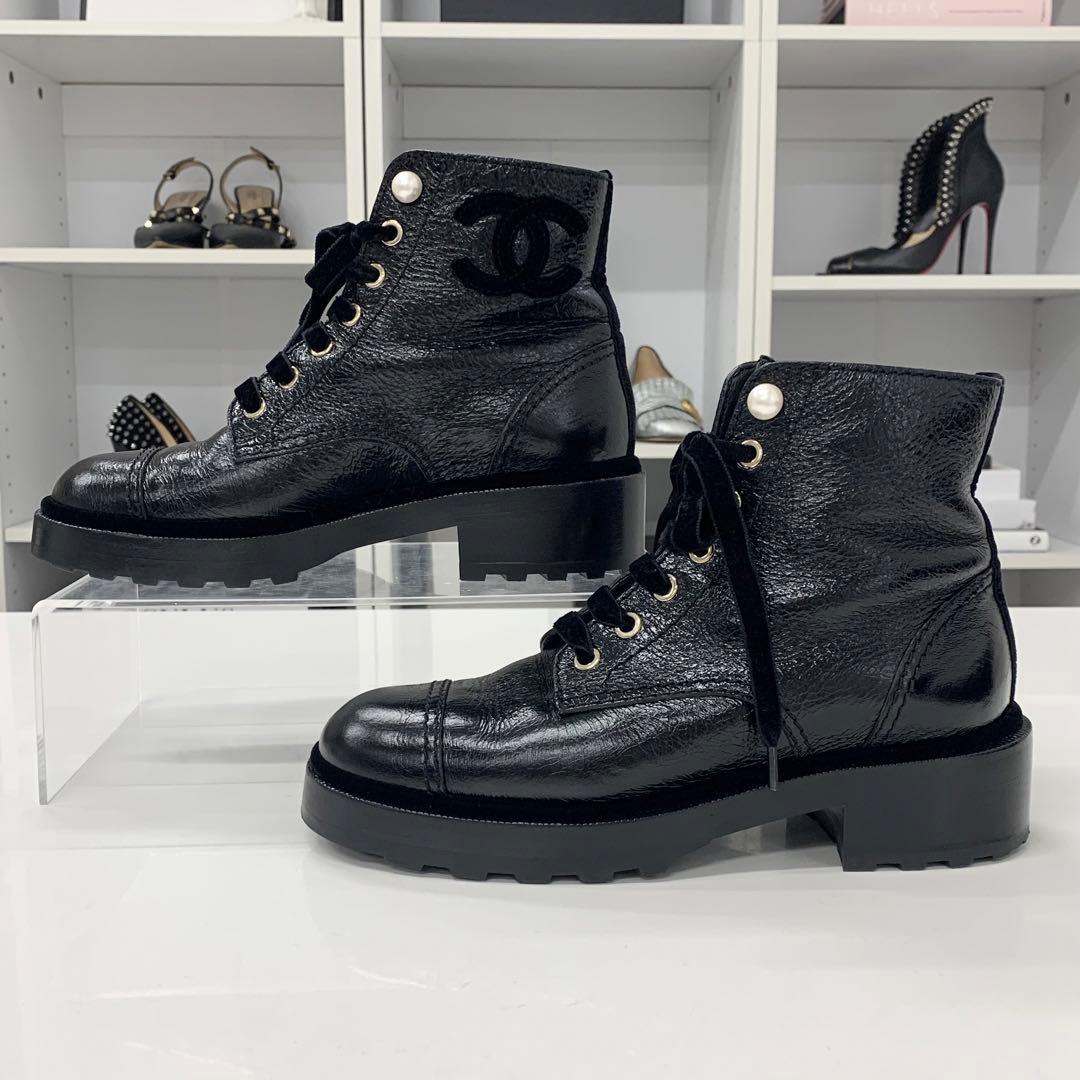Chanel Cocomark Leather Velor Pearl Lace-up Short Boots