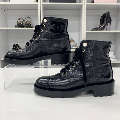 Chanel Cocomark Leather Velor Pearl Lace-up Short Boots