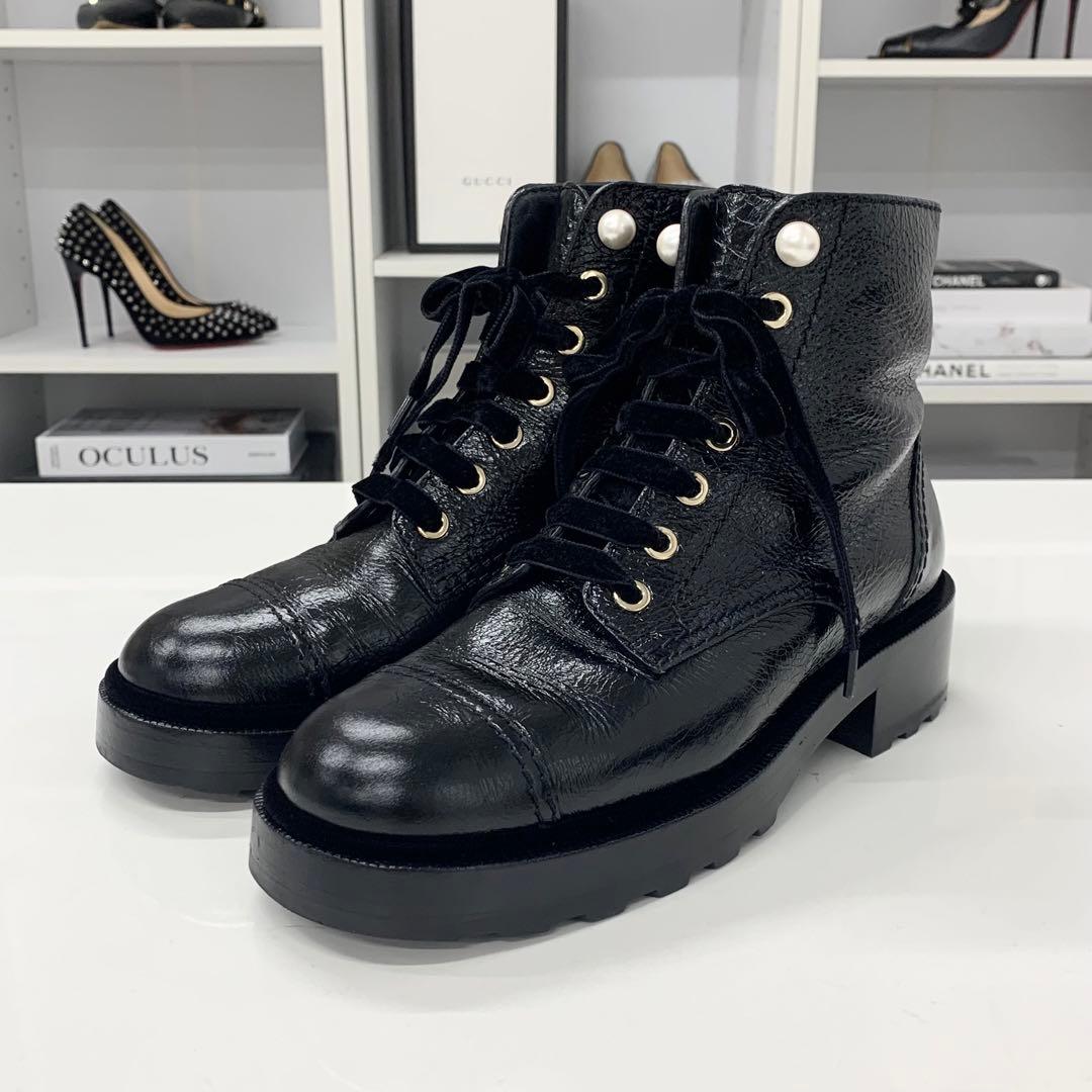 Chanel Cocomark Leather Velor Pearl Lace-up Short Boots