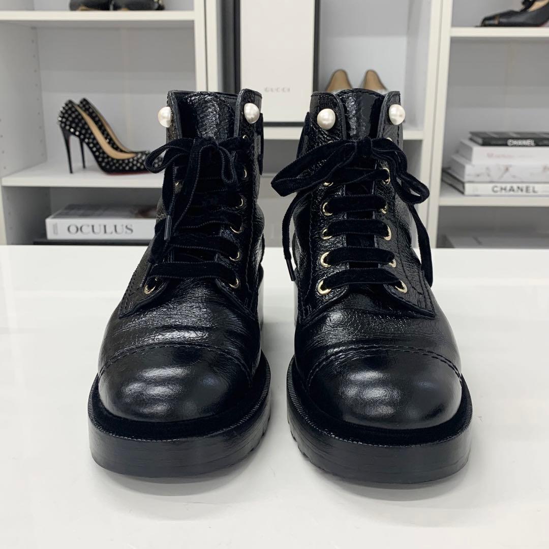 Chanel Cocomark Leather Velor Pearl Lace-up Short Boots