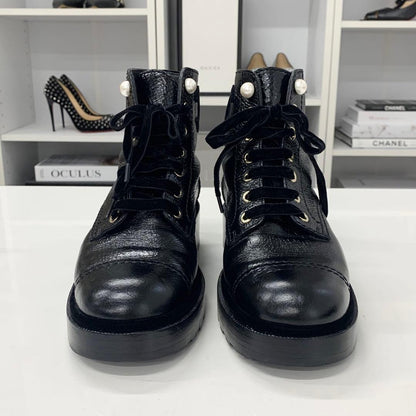 Chanel Cocomark Leather Velor Pearl Lace-up Short Boots