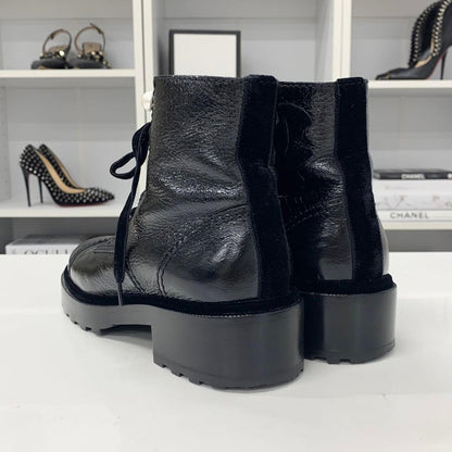 Chanel Cocomark Leather Velor Pearl Lace-up Short Boots