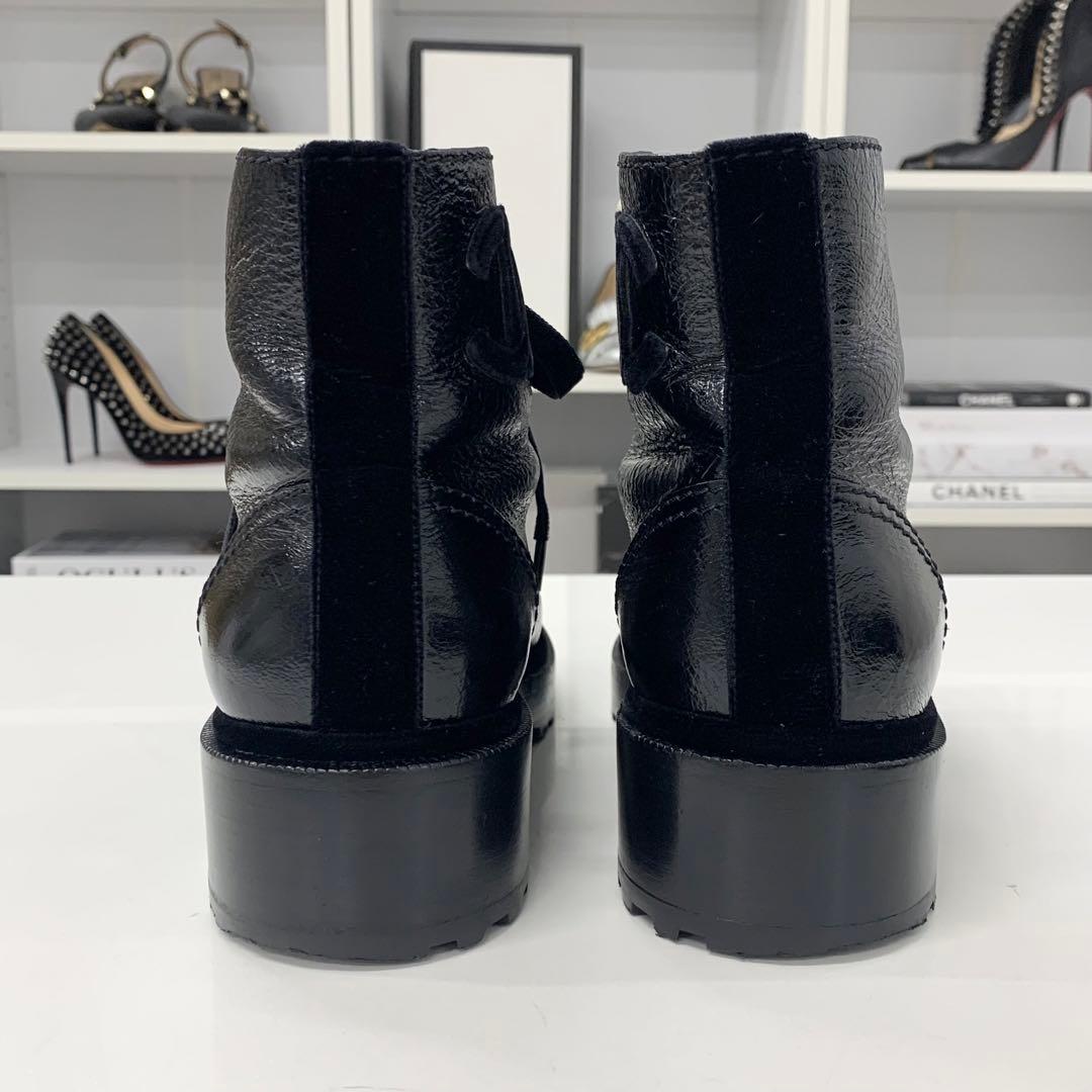 Chanel Cocomark Leather Velor Pearl Lace-up Short Boots