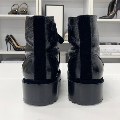 Chanel Cocomark Leather Velor Pearl Lace-up Short Boots