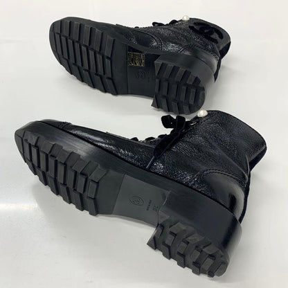 Chanel Cocomark Leather Velor Pearl Lace-up Short Boots
