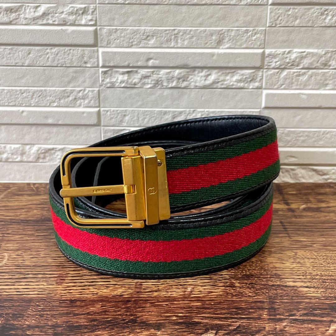 Gucci Sherry Line Canvas Leather Belt Gold Buckle