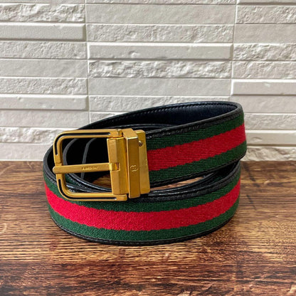 Gucci Sherry Line Canvas Leather Belt Gold Buckle