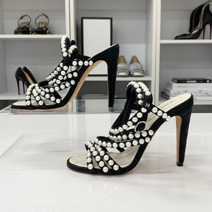 Chanel Leather CC Logo Pearl Quilted Strap Sandals Black — view 2
