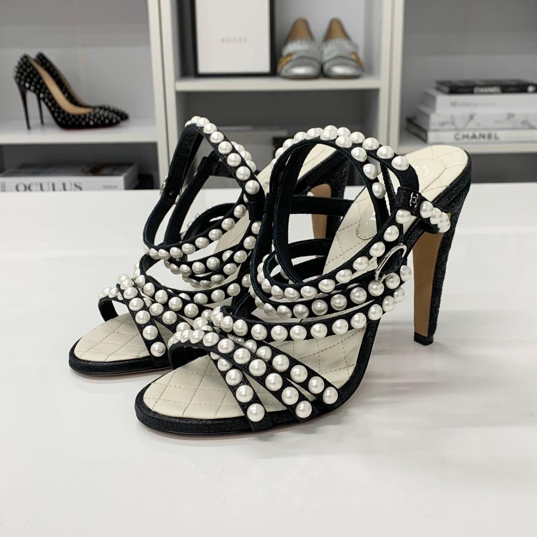Chanel Leather CC Logo Pearl Quilted Strap Sandals Black — view 3