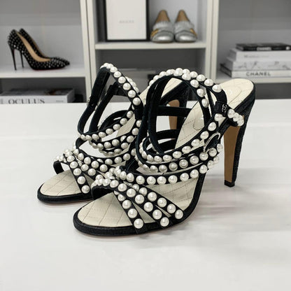 Chanel Leather CC Logo Pearl Quilted Strap Sandals Black — view 3