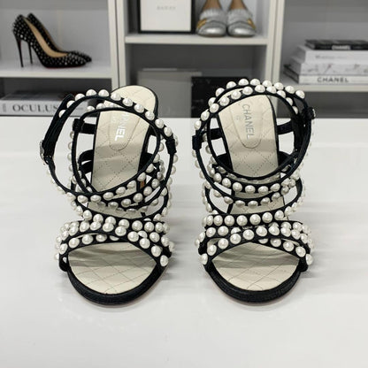 Chanel Leather CC Logo Pearl Quilted Strap Sandals Black — view 4