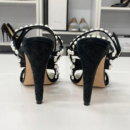 Chanel Leather CC Logo Pearl Quilted Strap Sandals Black — view 6