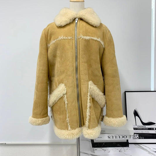 Celine Zip Up Shearling Coat Lambskin Beige