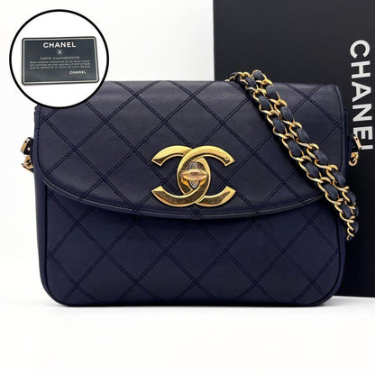 Chanel Bicolor Lambskin Chain Shoulder Bag Flap Navy
