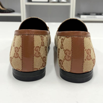 Unused Gucci Fabric Leather Horsebit Loafers Brown