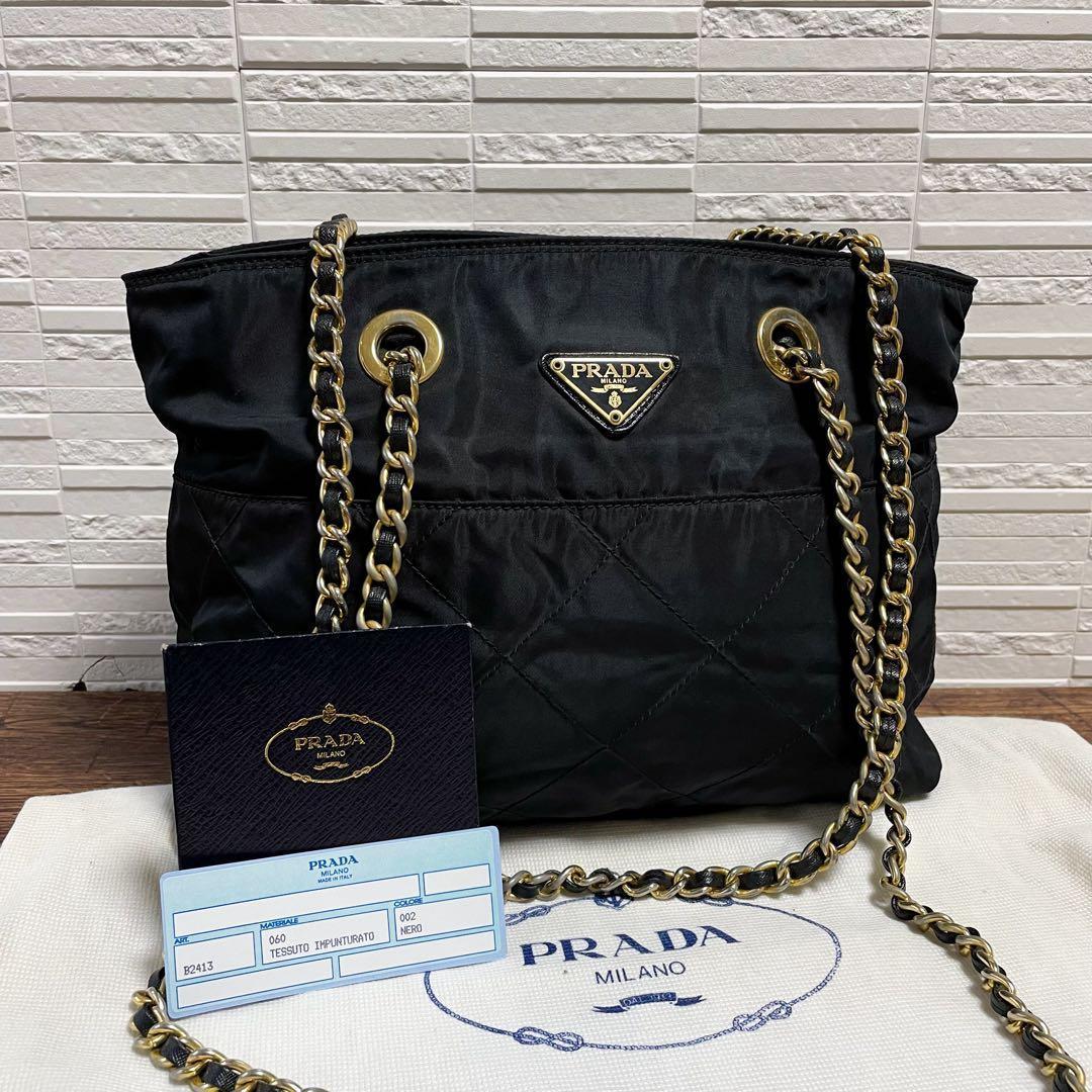 Prada Quilted Chain Shoulder Tote Bag Triangle Plate Logo