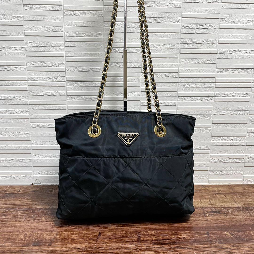 Prada Quilted Chain Shoulder Tote Bag Triangle Plate Logo — view 3