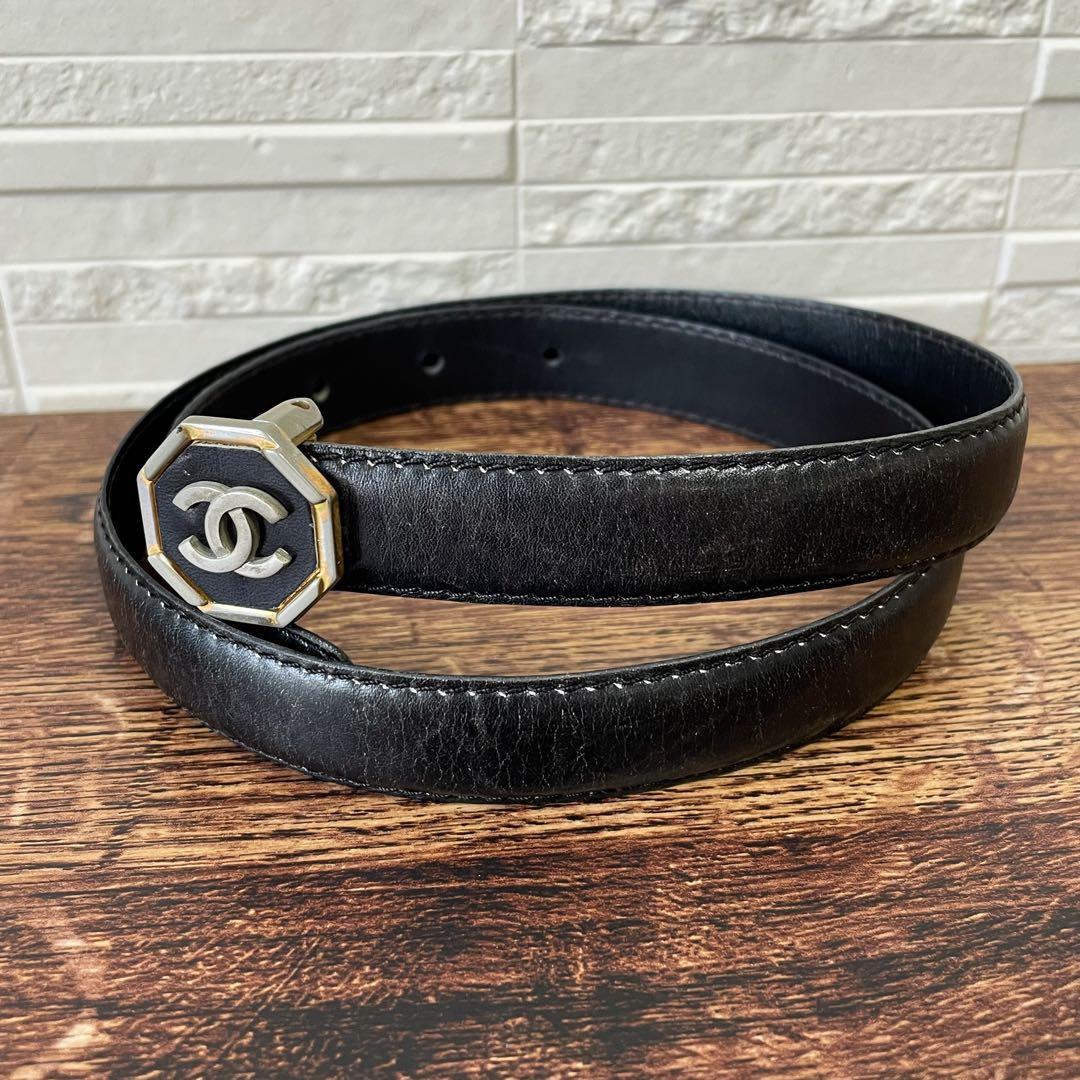 Chanel Leather CC Logo Buckle Gold Belt Black