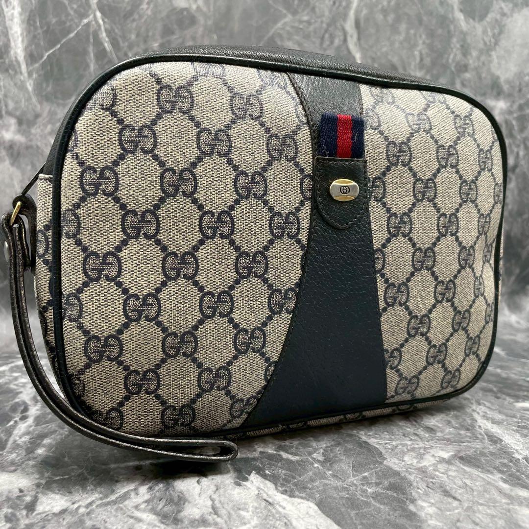 Gucci GG Sherry Line Clutch Navy Logo Leather
