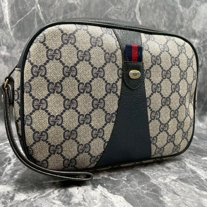 Gucci GG Sherry Line Clutch Navy Logo Leather