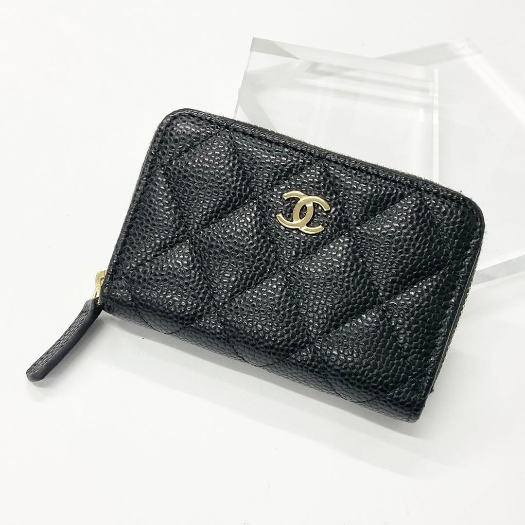Chanel Caviar Leather CC Logo Zip Coin Purse Wallet Case