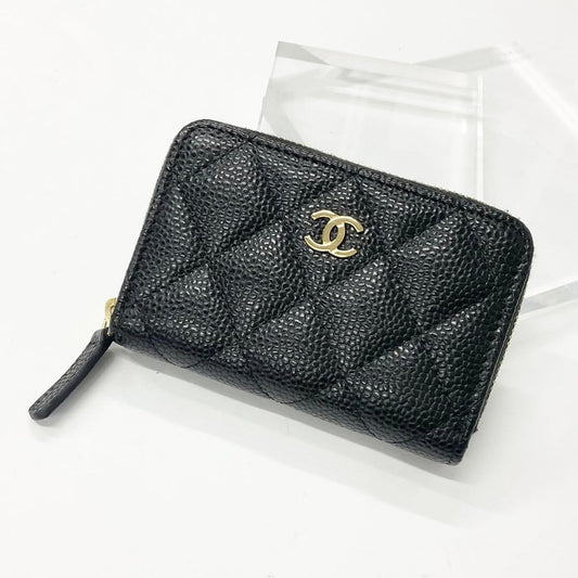 Chanel Caviar Leather CC Logo Zip Coin Purse Wallet Case