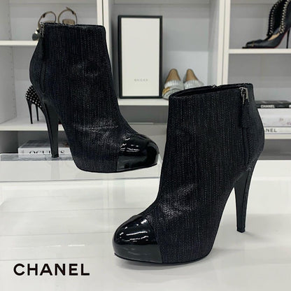 Chanel Cocomark Leather Metallic Short Boots Black