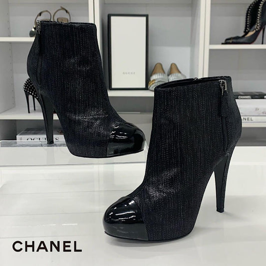 Chanel Cocomark Leather Metallic Short Boots Black