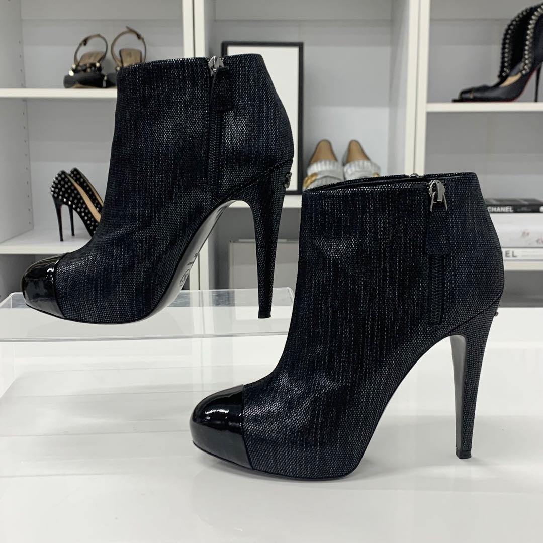 Chanel Cocomark Leather Metallic Short Boots Black