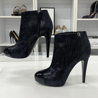 Chanel Cocomark Leather Metallic Short Boots Black