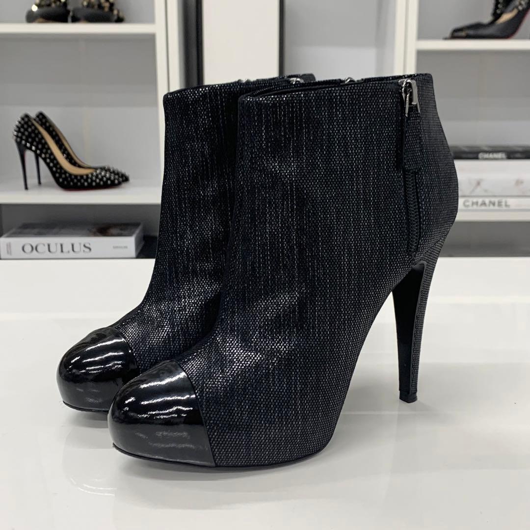 Chanel Cocomark Leather Metallic Short Boots Black